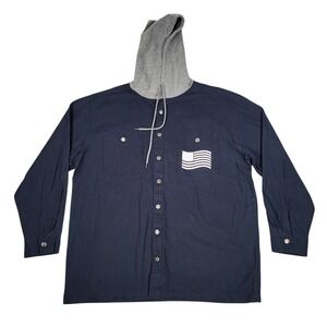 Wrangler Shirt Jacket Men L Hooded Canvas Workwear Navy Blue American Flag Snap